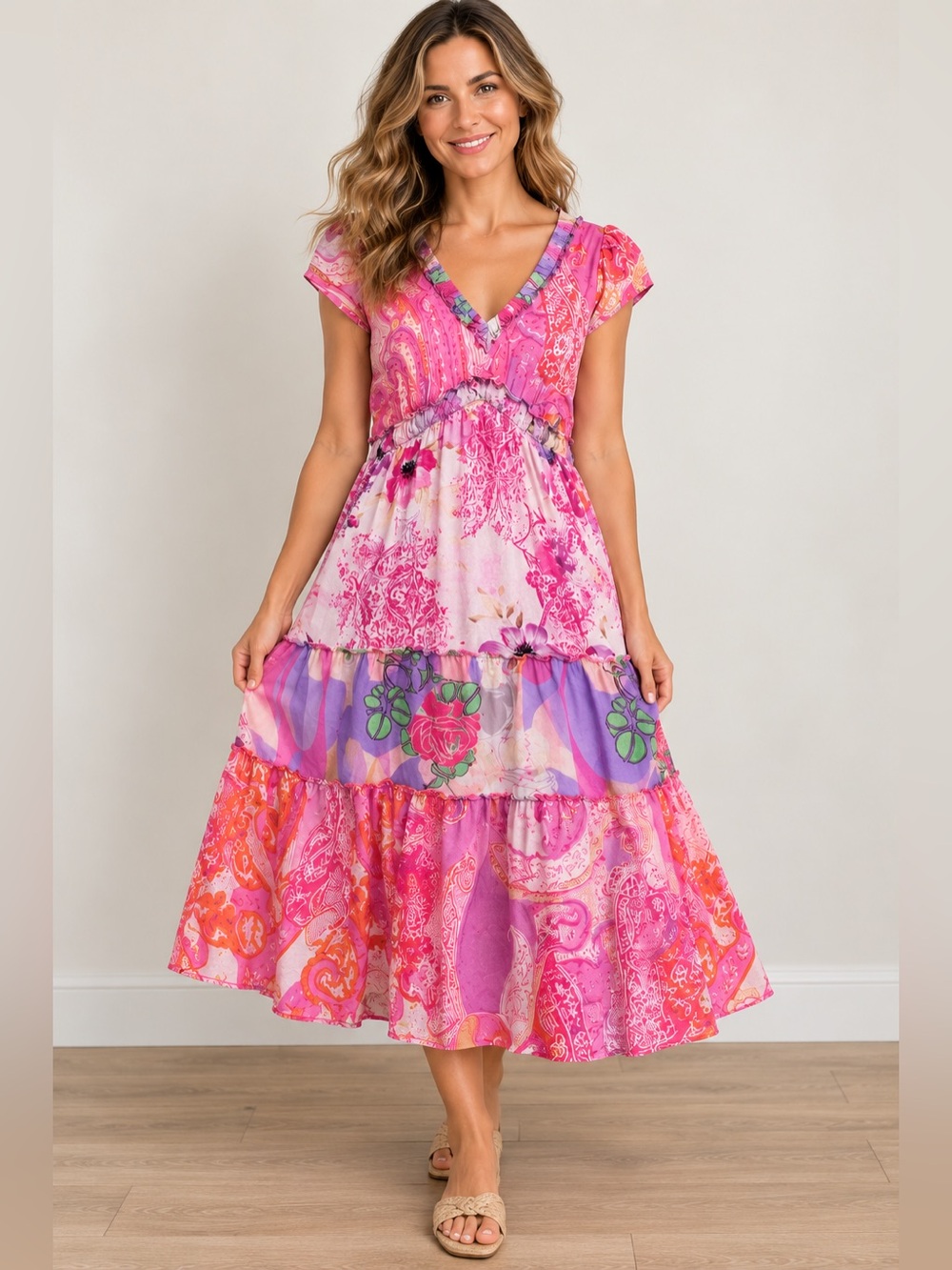 BILA L Pink Paisley Floral Patchwork Tiered Midi Dress Boho Ruffle